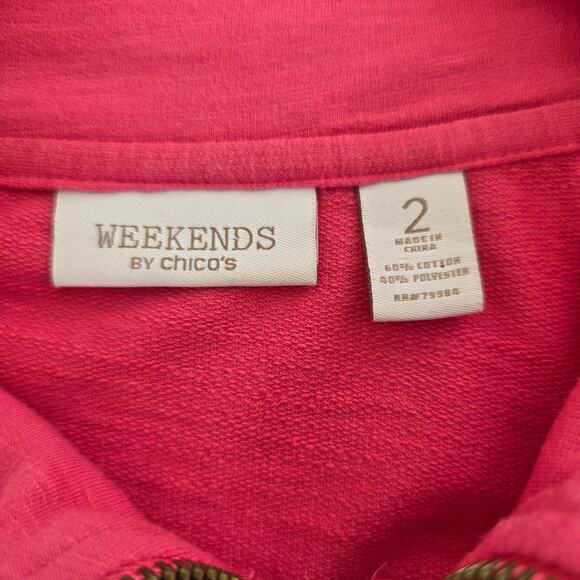 Chicos Weekends Zip Front Jacket Pink Womens Size L Cotton Slub Funnel Neck - Picture 9 of 11